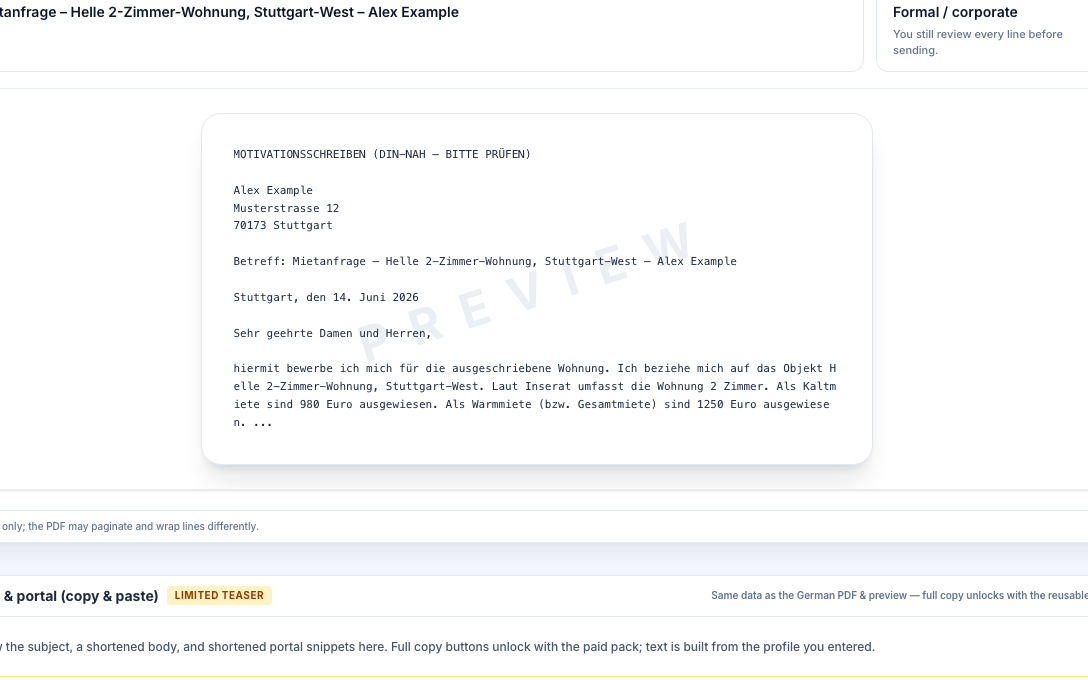 Zusage application workspace showing a German rental letter preview, e-mail subject line, and download pack section